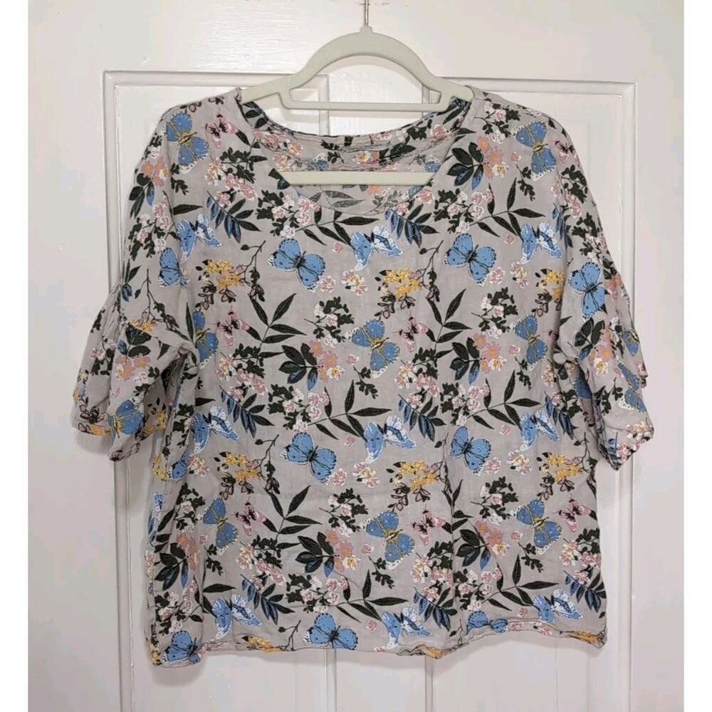 Viola Borghi Linen Butterfly Floral Ruffle Bell Sleeve Blouse Women's L(1203)